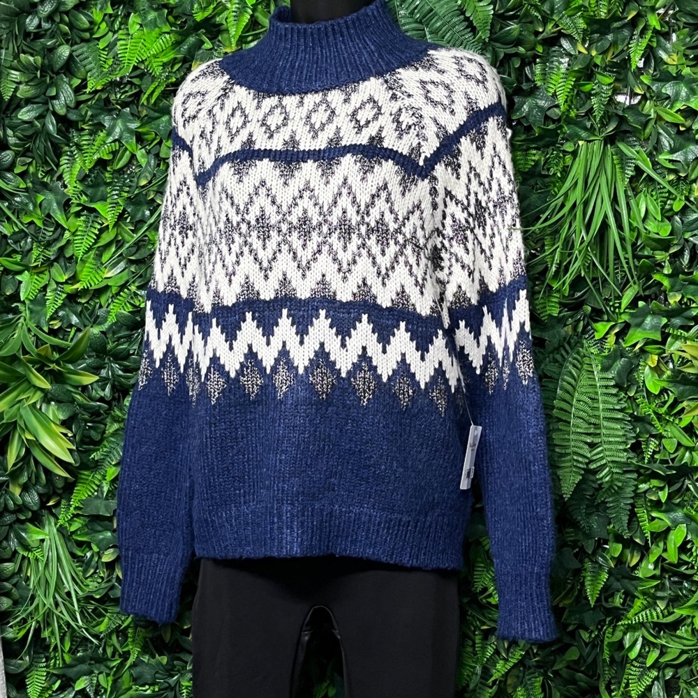 Lucky Brand Sweater Womens Small Blue Silver Metallic Fair Isle Mock Neck‎ 3802
